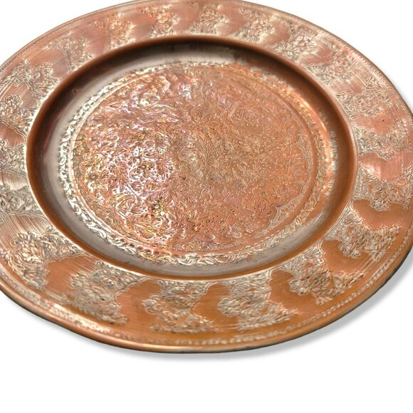 Vintage Persian Round Tray Plate Copper with Tin Wash Beautiful Details JH1338